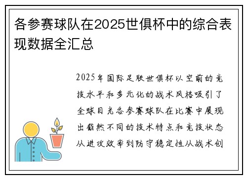 各参赛球队在2025世俱杯中的综合表现数据全汇总