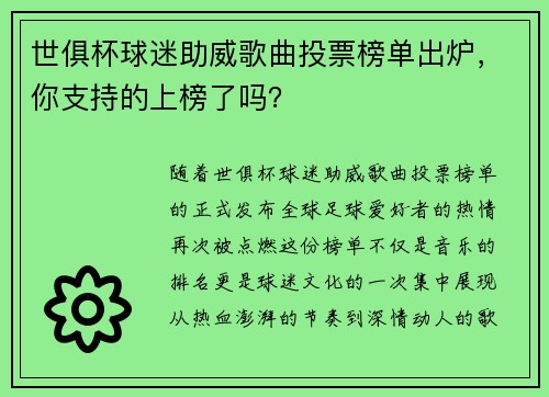 世俱杯球迷助威歌曲投票榜单出炉，你支持的上榜了吗？